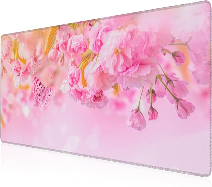 Mouse Pad, Large Pink Sakura and Butterfly Desk Mat, Extended Non-Slip Gaming by NIYLYNSYN