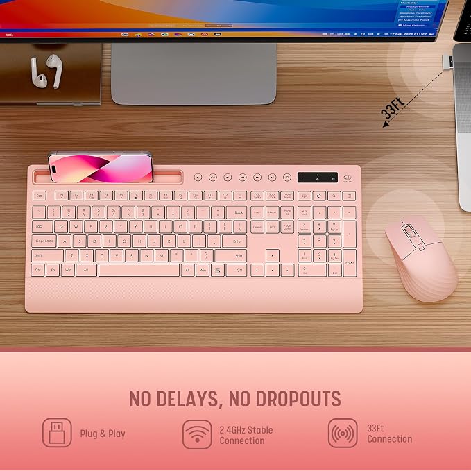 Pink Keyboard and Mouse Wireless, 2.4G Lag-Free Cute Keyboard Combo - Image 6