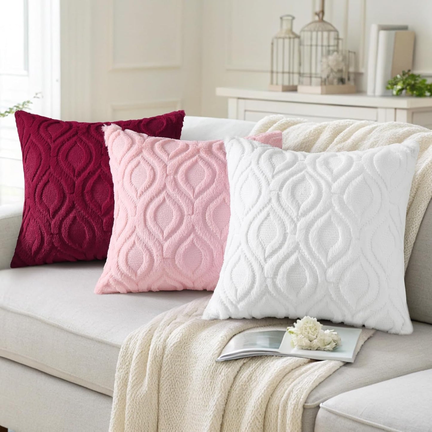 decorUhome Throw Pillow Covers 16x16 Inch Set of 2, Soft Plush Decorative Faux Fur Light Pink Solid Couch Pillow Covers, Accent Farmhouse Neutral Square Euro Pillow Cases for Sofa Bed Living Room