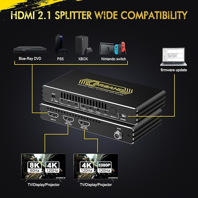 8K@60Hz 4K@120Hz HDMI 2.1 Splitter 1 in 2 Out, 48 Gbps, HDCP 2.3, Supports VRR - Image 4