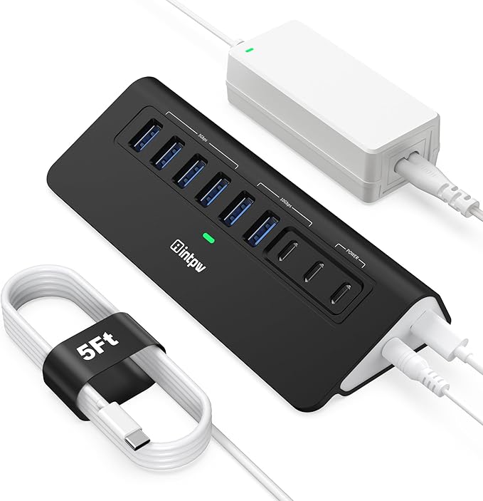 Powered USB Hub 10Gbps, intpw YH6AC 9-Port USB HUB by intpw