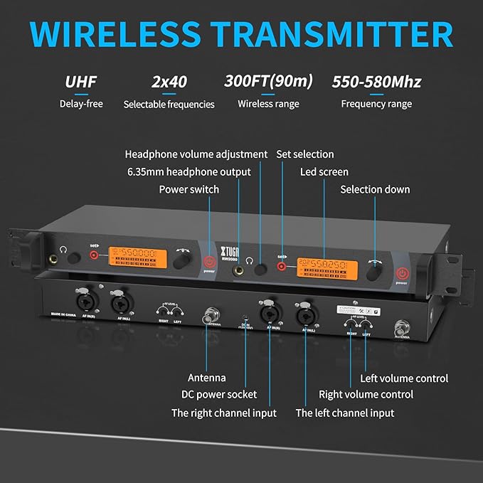 XTUGA RW2080 Wireless in Ear Monitor System 4 Bodypacks UHF IEM System - Image 4