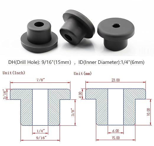 15 pcs 9/16" Drill Hole，1/4" ID Black Silicone Top hat Rubber Grommets - Image 2
