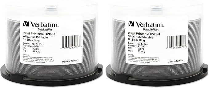 Verbatim DVD-R Blank Discs 4.7GB 16X DataLifePlus White Inkjet Printable by Verbatim