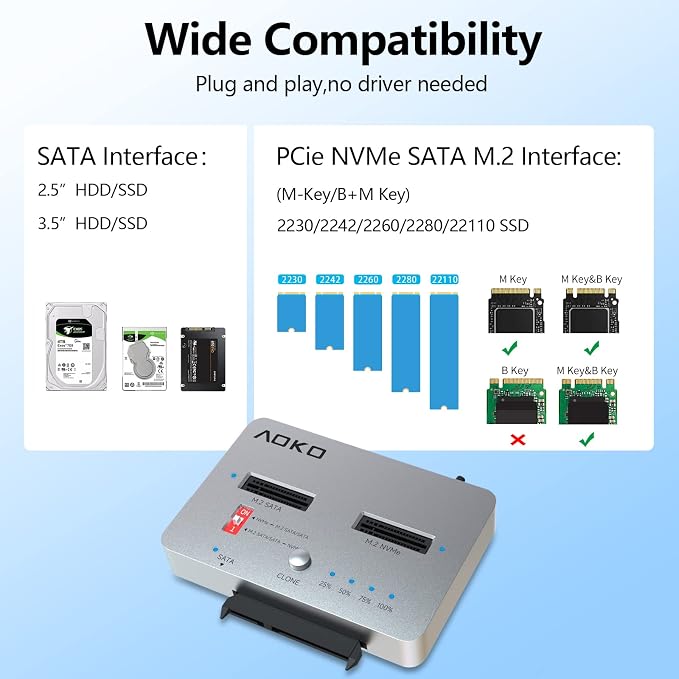 AOKO M.2 NVMe to M.2 SATA and 2.5”/3.5” SSD/HDD Clone Docking Station, USB-C - Image 3