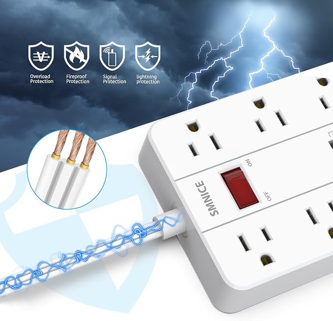 Power Strip with USB, Surge Protector Flat Plug with 8 Widely Spaced Outlets - Image 4