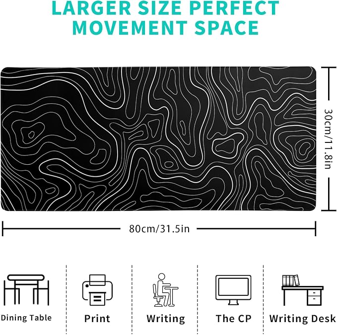 Topographic Contour Black Gaming Mouse Pad XL Geographic Map Lines Extended Big - Image 2