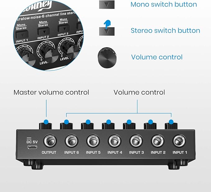 Moukey Audio Mixer, DC 5V, 6 Stereo Ultra, Low Noise 6 Channel Line Mixer - Image 4