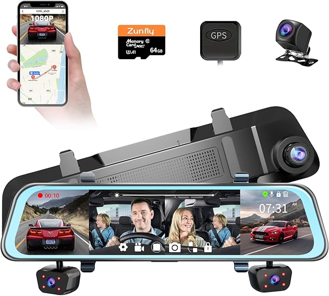 4 Channel Mirror Dash Cam, Dash Cam Front and Rear/Inside, 12’’ FHD 1080Px4 by Zunfly
