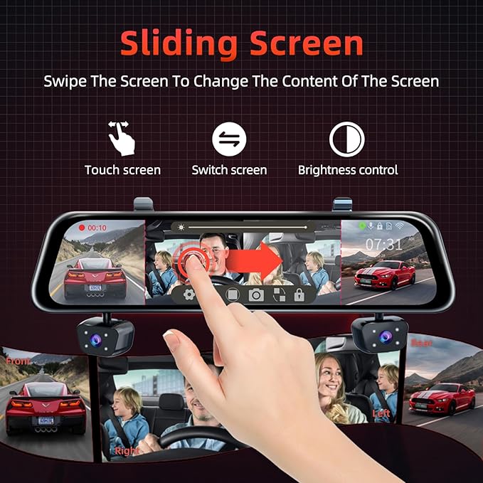 4 Channel Mirror Dash Cam, Dash Cam Front and Rear/Inside, 12’’ FHD 1080Px4 - Image 7