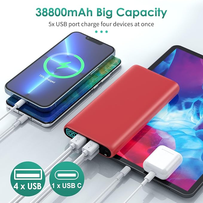 Portable Charger 38800mAh, LCD Display Power Bank, 5 USB Outputs Battery Pack - Image 4