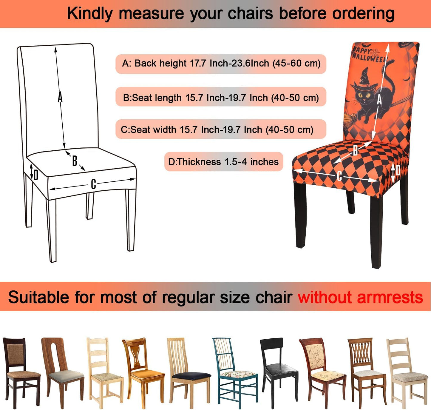 JQinHome Orange Halloween Chair Slipcover,Cat Chair Covers Set of 6, High Stretch Washable Chair Protector Cover for Dining Room, Kitchen,Home Party,Wedding Ceremony(Cat Orange,6PC)