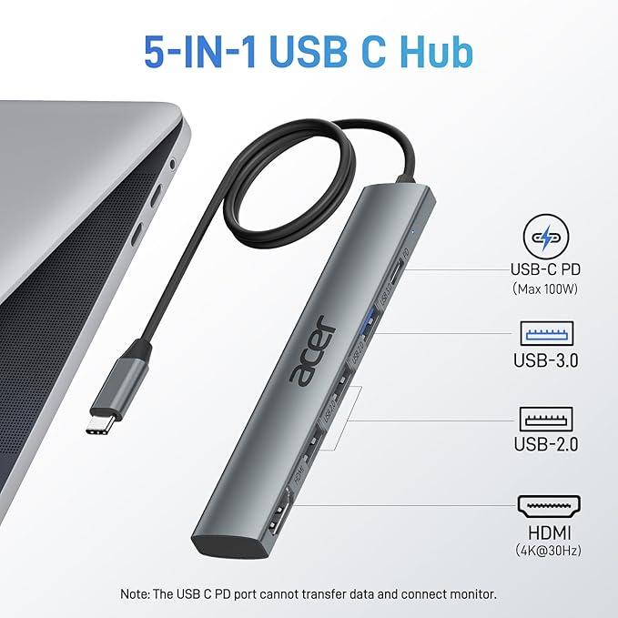 Acer USB C Hub 5 in 1 with 4K HDMI, 100W Power Delivery, 3 USB A Data Ports - Image 2