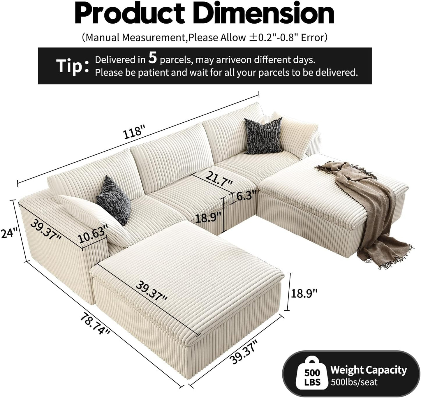 118" Cloud Couch Modular Sectional Sofa for Living Room,Modern Sofa with Deep Seat，U-Shape Boneless Couch with 2 Ottoman,Comfy Upholstered Corduroy Couches for Apartment, Studio, Office,Bedroom，White