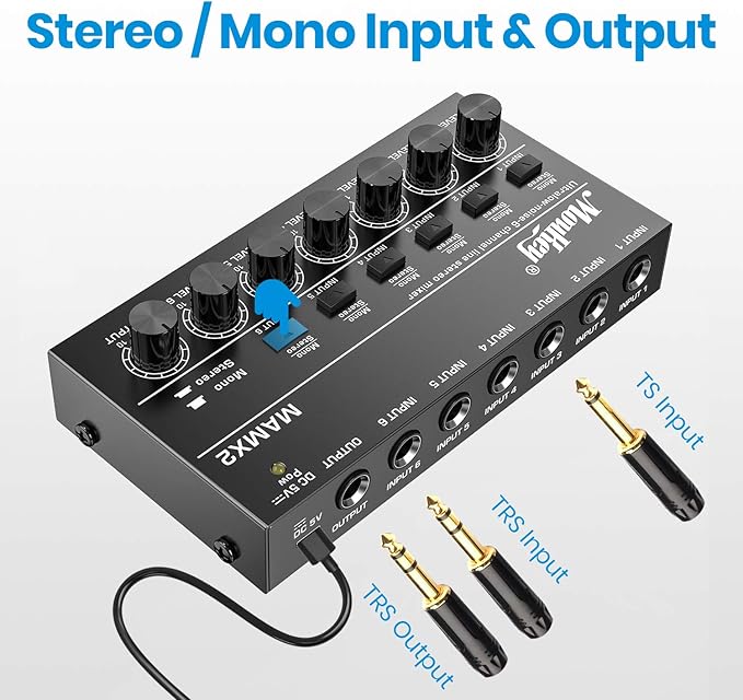 Moukey Audio Mixer, DC 5V, 6 Stereo Ultra, Low Noise 6 Channel Line Mixer - Image 2