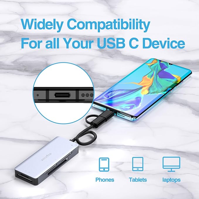 SD Card Reader, Aluminum 5in1 USB USB-C to SD Micro SD MS CF XD Card Reader - Image 3