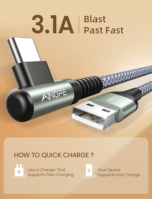 AINOPE USB Type C Cable 3.1A Type C Charger Fast Charging Right Angle, Durable - Image 3