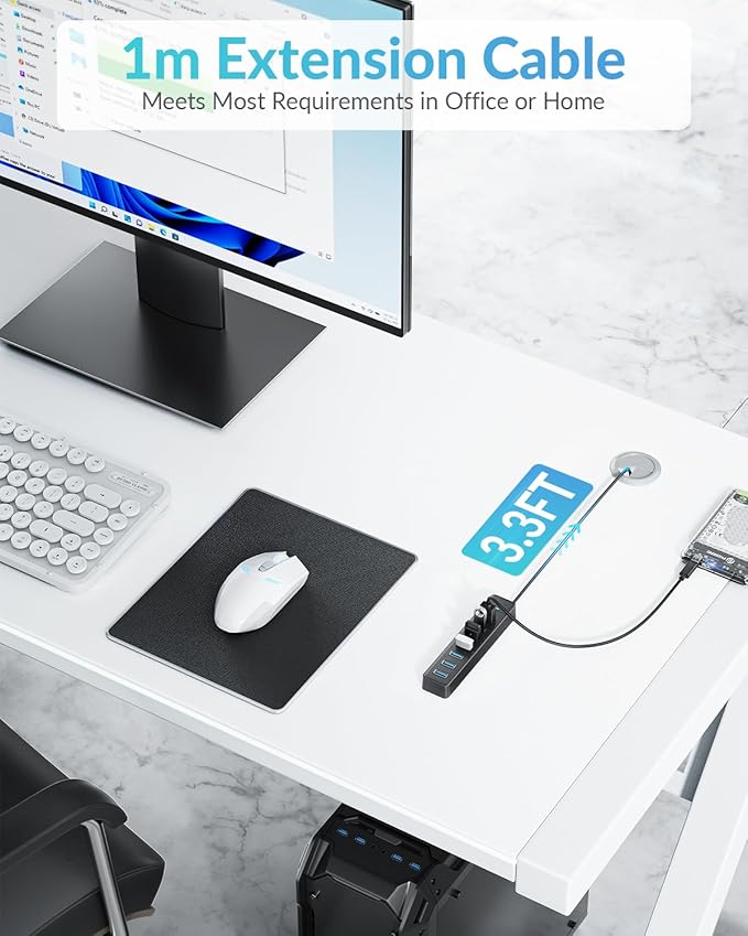 PHIXERO 7 Port USB Hub, 3.3FT/1M Long Cable USB 3.0 Hub Multi USB Port Hub - Image 5