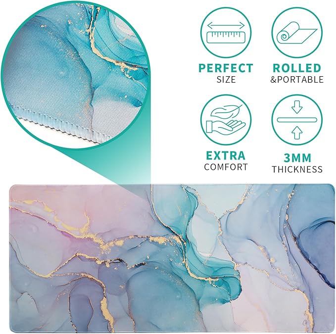 Teal Marble Extended Mouse Pad 31.5x11.8 Inch Turquoise Desk Marble Mousepad - Image 5