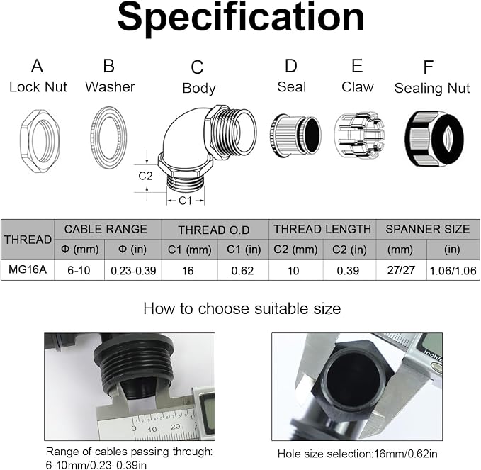 LeMotech M16 Cable Gland, 90 Degree Adjustable 6-10mm Strain Relief, Cord - Image 2