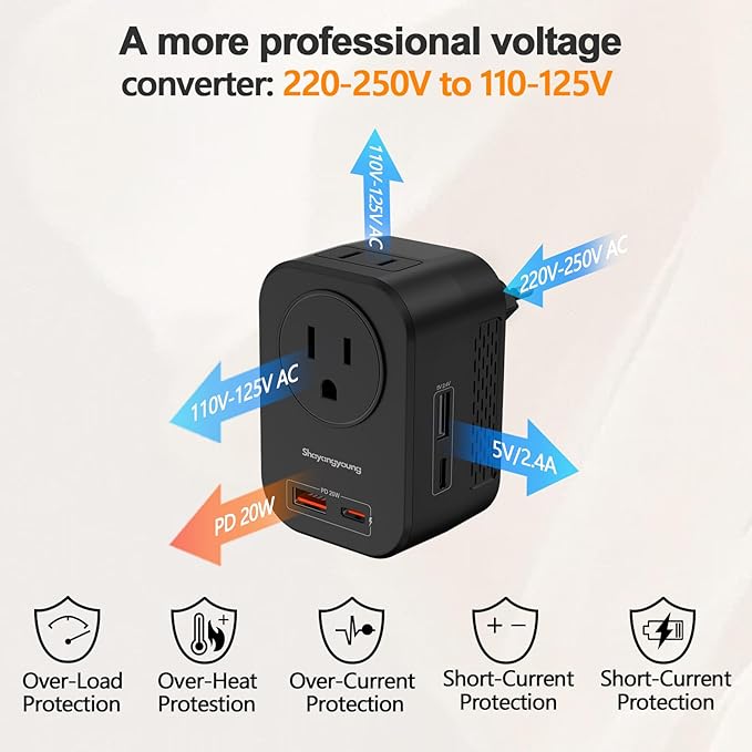 220V to 110V 20W PD Voltage Converter US to Europe International Universal - Image 2