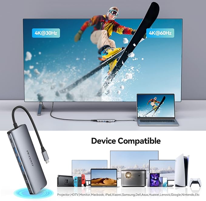 USB C Hub, Acodot 9 in 1 USB C to 4K@60HZ HDMI Multiport Adapter, 3 USB 3.0 - Image 3
