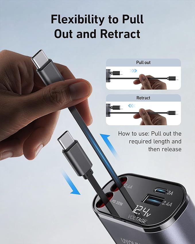 Retractable 4 in 1 Fast Car Charger - 30W Dual USB Type C - Image 5