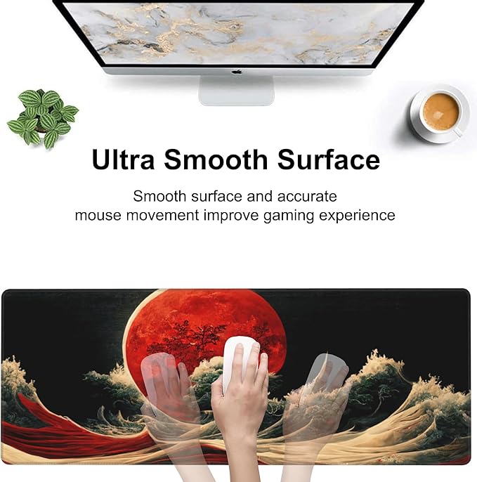 Red Moon Above The Sea Desk Mat, Large Chinese Style Landscape Gaming Keyboard - Image 5
