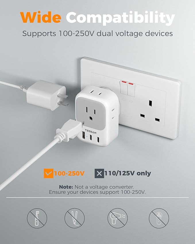 US to UK Plug Adapter 3 Pack, TESSAN Type G Adapter - Image 6