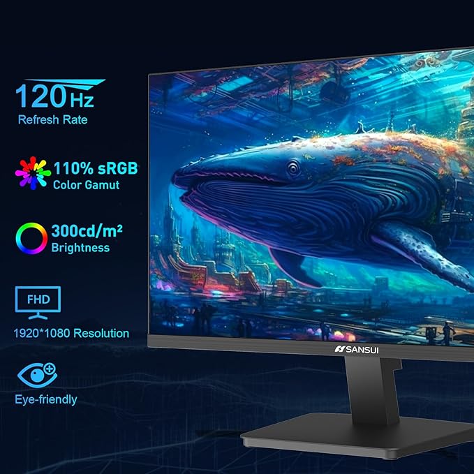 SANSUI 27 Inch Computer Monitor 120Hz, FHD 1080P Monitor, HDMI DP Ports FreeSync - Image 2