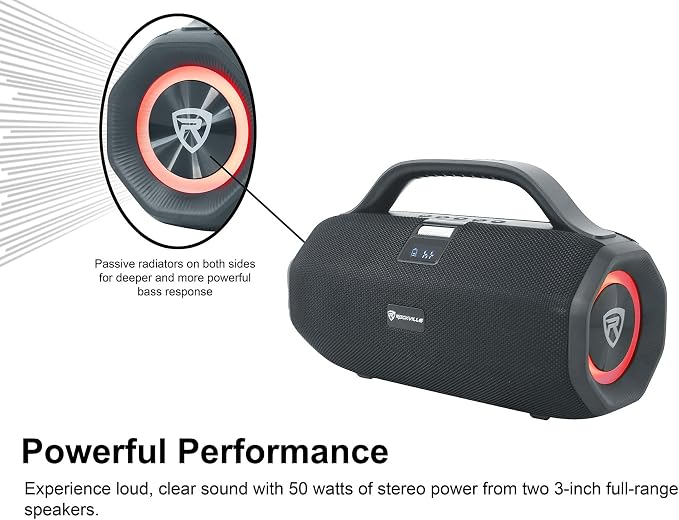 Rockville SONIC-50L Portable Bluetooth Speaker, 50W Stereo Sound, Dual LED Rings - Image 3