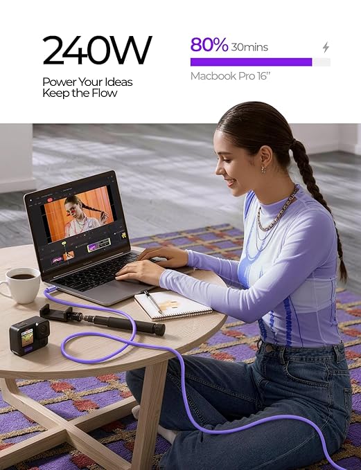 LISEN 10FT USB C Cable Fast Charging, Chubby 240W Cable USB C to USB C Fast - Image 4