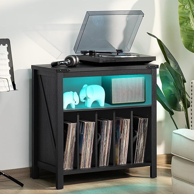 Large Record Player Stand with Charging Station & LED Lights, Vinyl Records - Image 6