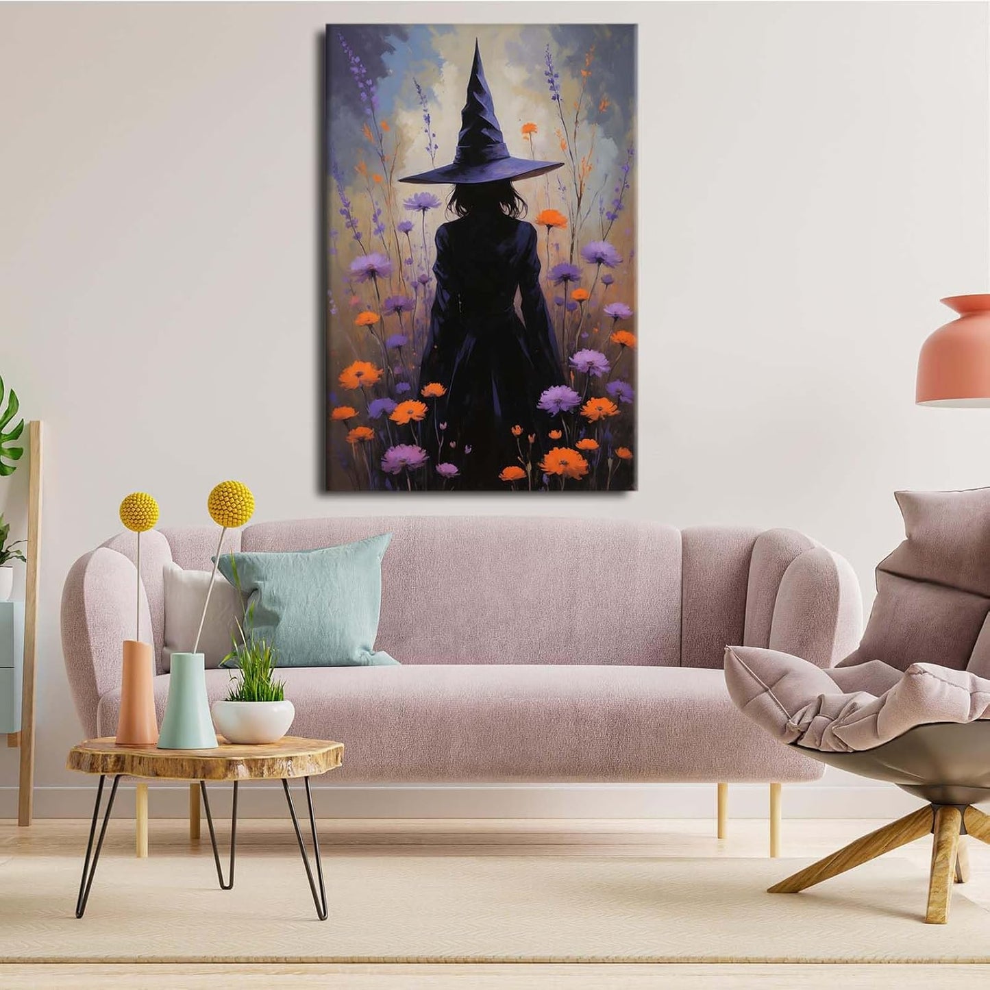 JFHCQJPK Country wildflower witch canvas print halloween mashup art witch purple decoration bohemian elegant art poster24x36in Frameless