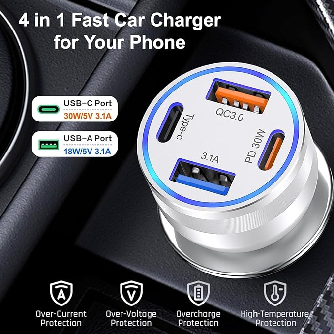 65W Car Phone Charger USB C, 5 Pack 4-Port Cigarette Lighter Adapter, 12V USB C - Image 7