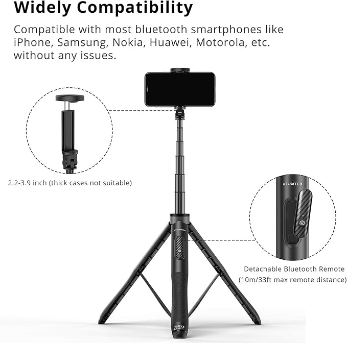 ATUMTEK 51" Selfie Stick Tripod, All in One Extendable Phone Tripod Stand - Image 6
