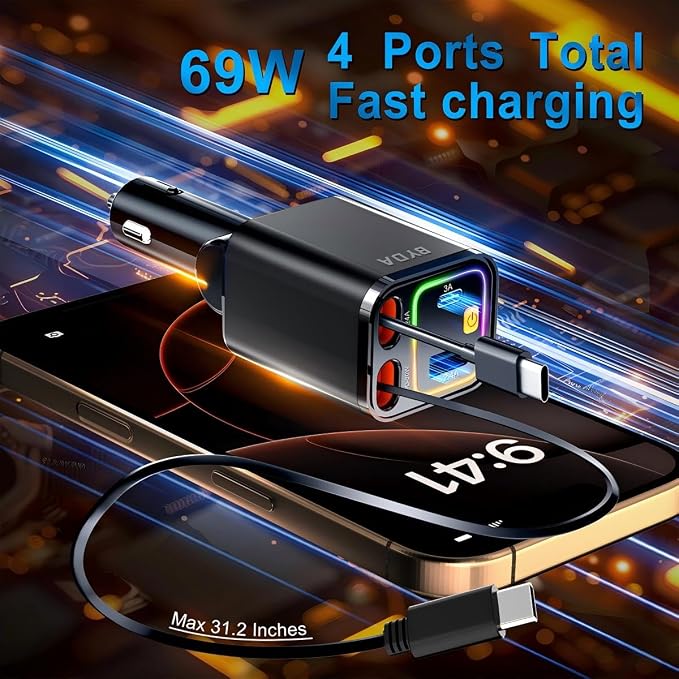 4 in 1 Retractable Car Charger for iPhone, 69W USB-C Fast Car Charger, - Image 8