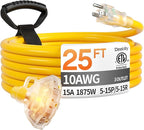 25 ft 10 Gauge Heavy Duty 3 Outlet Extension Cord Splitter by Deeklify