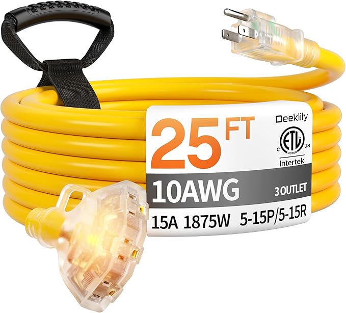 25 ft 10 Gauge Heavy Duty 3 Outlet Extension Cord Splitter by Deeklify