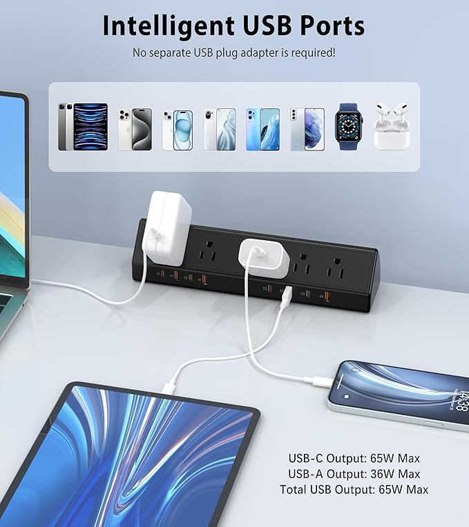 Desk Clamp Power Strip 65W Fast Charging Station, 4 PD USB-C, 5 Outlets - Image 4