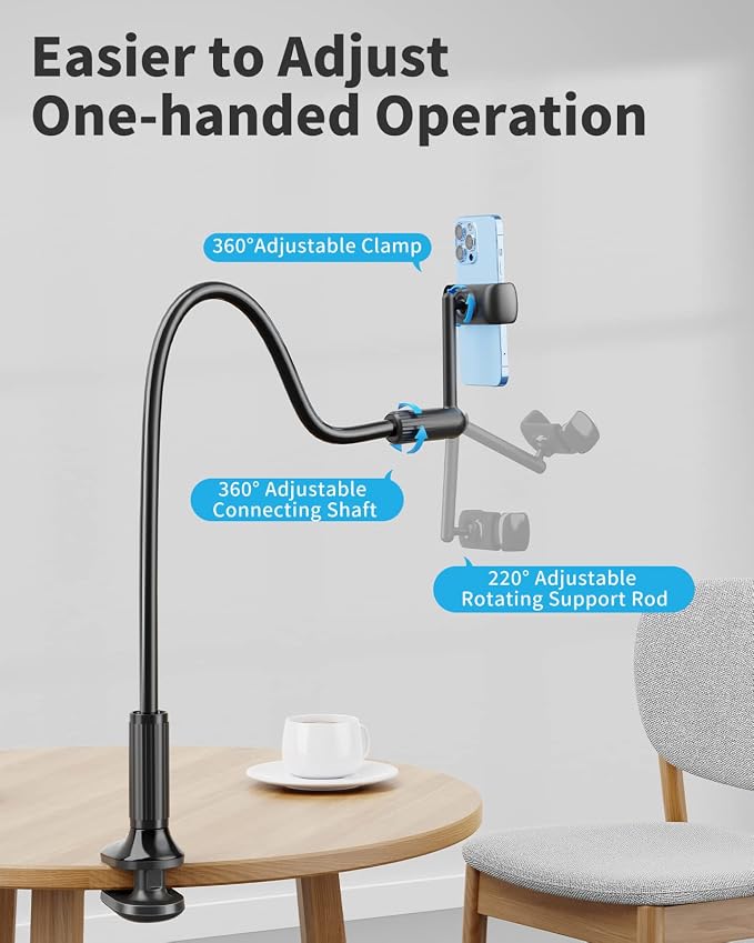 SAIJI Gooseneck Phone Holder for Bed, 360° Rotate Support Rod One-Hand - Image 3