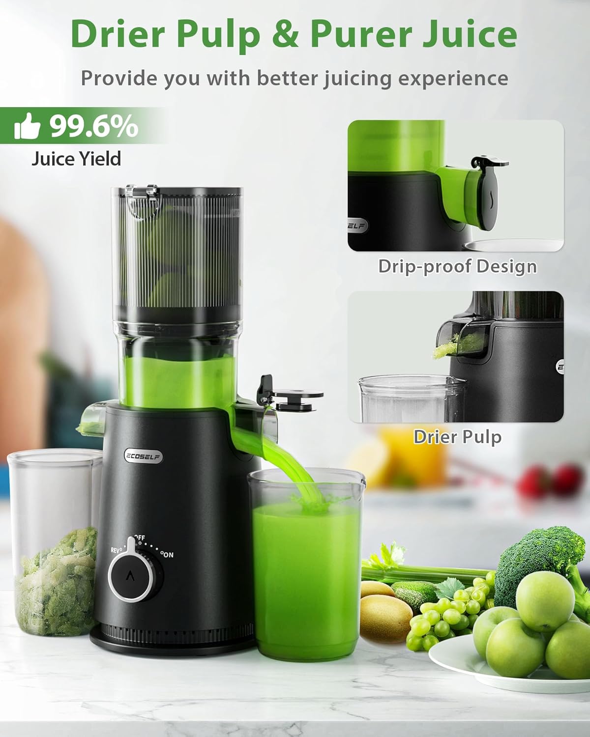 Juicer Machines, ECOSELF 4.35" Large Feed Chute for Family Needs, Professional Hands Free Cold Press Juicer For Whole Fruits & Vegetables, Self Feeding for Juice Extractor Machine, Easy to Clean