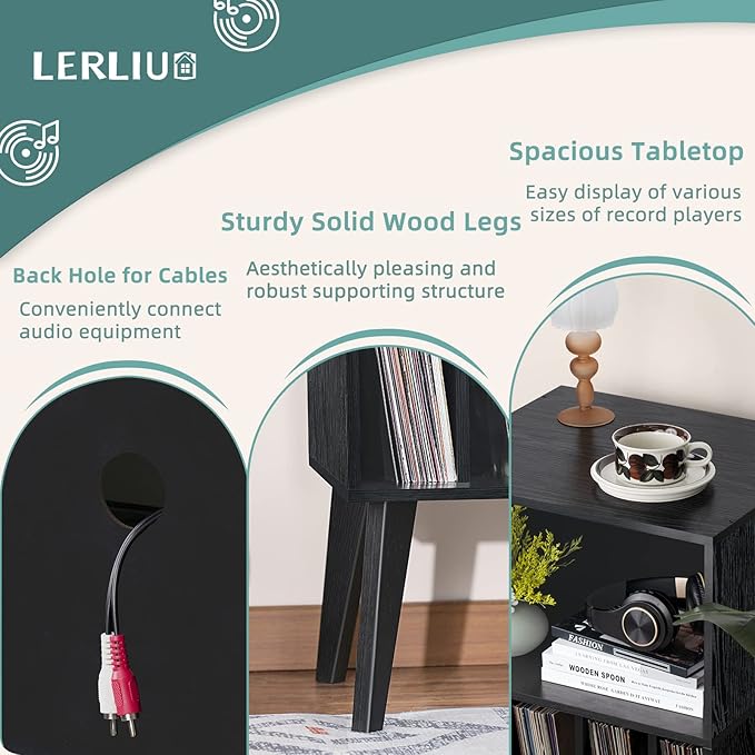 Lerliuo Record Player Stand, Mid-Century Vinyl Storage Cabinet Table - Image 7