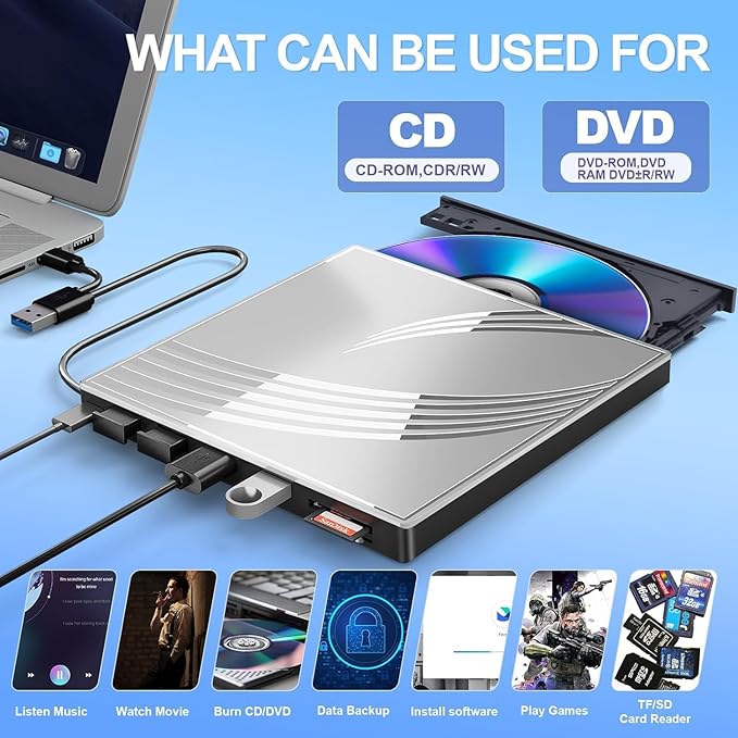 External CD/DVD Drive for Laptop, Ultra Slim CD Burner USB 3.0 Hub - Image 3