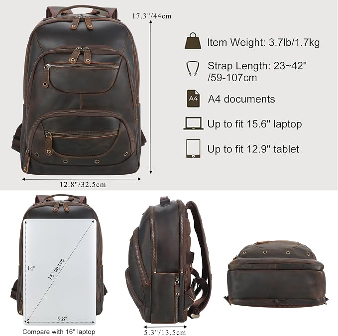 TIDING Men's Full Grain Leather Backpack Fits 16" Laptop, Vintage Business - Image 5