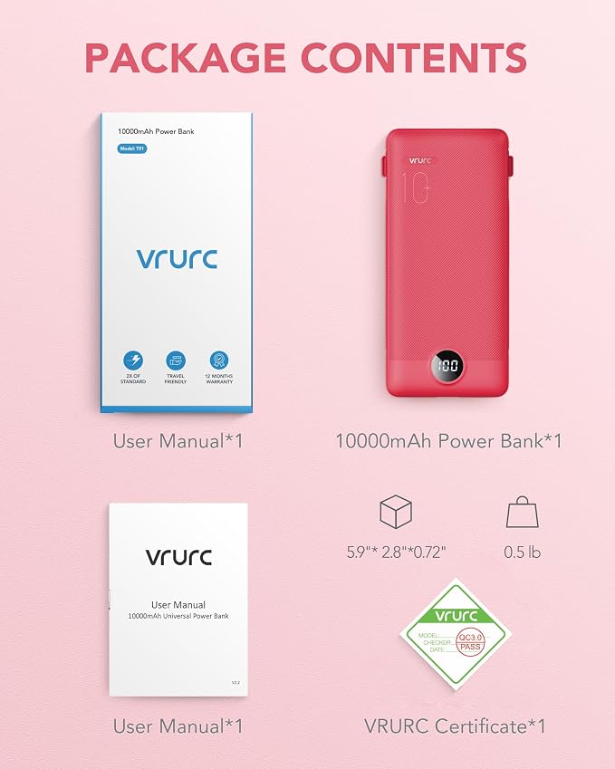 Portable Charger Built-in Cables and AC Wall Plug, VRURC USB C Power Bank - Image 8