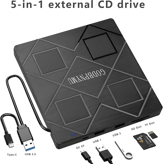 5-in-1 Extemal CD/DVD Drive for Laptop, USB 3.0 & Type-C Portable CD/DvD Rw - Image 7