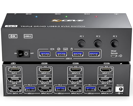 KVM Switch 3 Monitors 3 Computers 8K@60Hz, MLEEDA HDMI + 2* Displayport Triple by MLEEDA