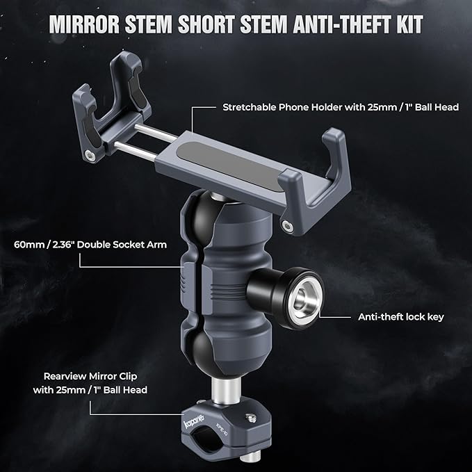 Anti-Theft Motorcycle Phone Mount, Aluminum Dual Socket Arm and U-Bolt Base - Image 3