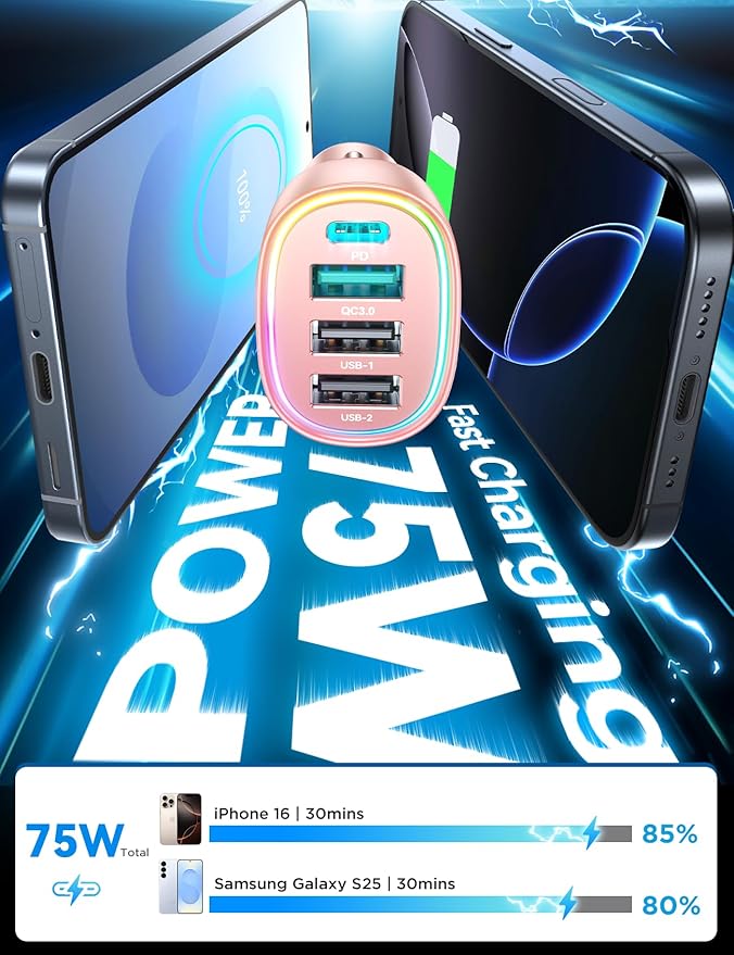USB C Car Charger Cigarette Lighter Adapter 75W 4-Port Fast Car Charger Fast - Image 2